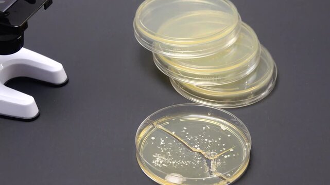 A laboratory microscope examines a nutrient agar culture as part of a biological research experiment, highlighting microbiology techniques used to study bacterial growth, contamination analysis, and s