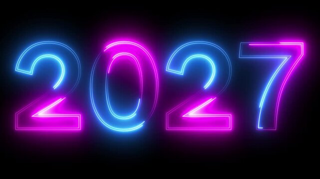glowing neon pink and blue color new year 2027 number text icon animation season digit celebrate banner event wishes party anniversary on black background