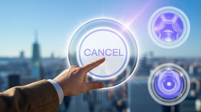 Business professional selecting the cancel option on a futuristic digital interface