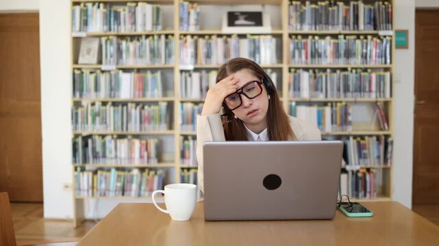 Exhausted sales manager holds her forehead after hours of dealing with people and difficult clients showing emotional fatigue from constant communication at work