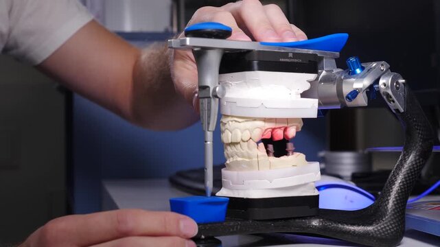 Dental technician hands closing articulator with plaster upper and lower jaw models to check occlusion. Professional orthopedic laboratory workflow in dentistry 4k video