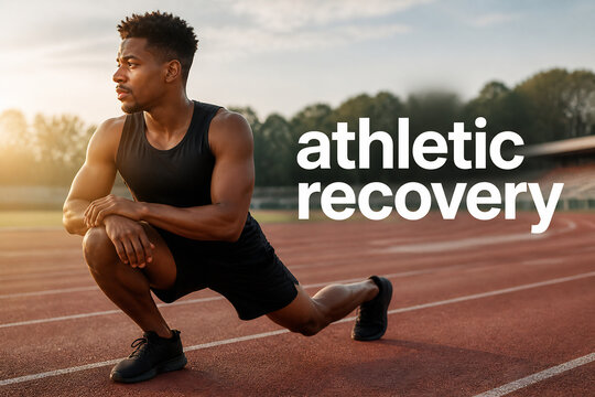 A muscular man rests on a running track outdoors during sunset.