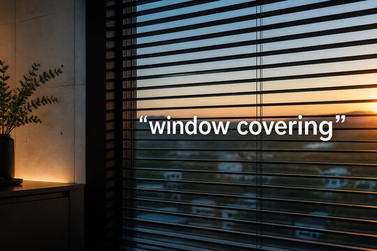 Interior view of horizontal blinds covering a window at sunset.