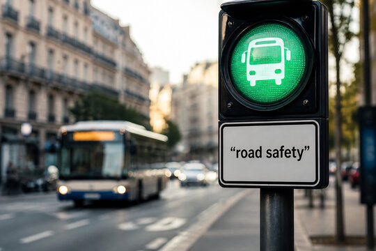 A traffic light displaying a pedestrian symbol next to a street scene with a bus.