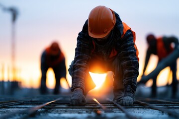 Fototapeta premium Team pouring concrete for building foundation at sunset