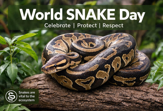 Beautiful coiled ball python resting on a tree branch for world snake day celebration