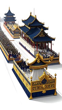 Grand traditional Chinese imperial procession with ornate golden palanquins and ancient architectural structures.
