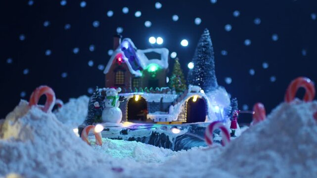 Cinematic 4K anamorphic pull-back through snowy mounds and candy canes, revealing a charming Christmas village with Santa Claus, reindeer, a snowman and glowing holiday lights.