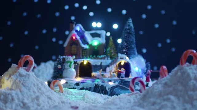 Cinematic 4K push through snowy mounds and candy canes toward a charming Christmas village featuring Santa Claus, reindeer, a snowman and glowing festive lights.
