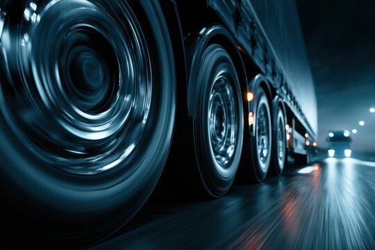 Heavy truck wheels rolling fast on highway
