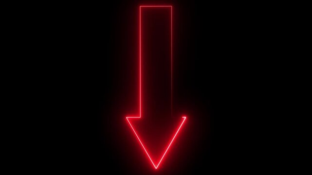 Glowing neon red color direction down arrow sign icon animation journey information road sign signal circle sign symbol on black background