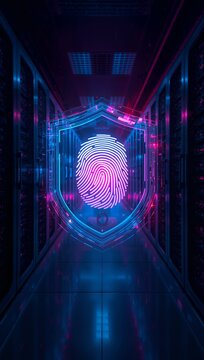 Futuristic biometric fingerprint shield glowing in a neon server corridor representing digital identity protection and advanced cybersecurity.