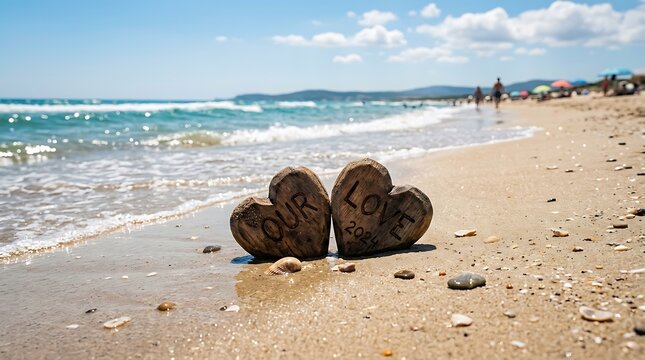 Two wooden hearts labeled our love 2024 placed on sandy beach near ocean.