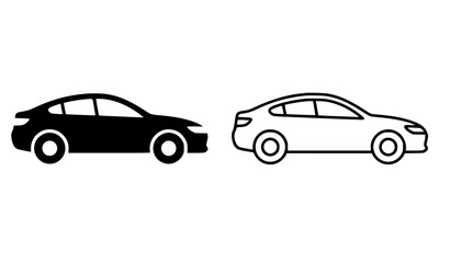 Fototapeta premium Modern Sedan Car Side View Vector Icon Set Featuring Black Silhouette and Minimalist Line Art Profiles for Automotive Branding Logistics and Web Applications