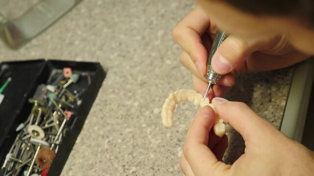Close-up of dental technician hands grinding ceramic crown with rotary tool. Open bur box with many attachments on laboratory table. Precision dental lab restoration craftsmanship 4k video