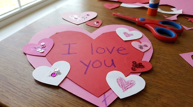 Handmade paper heart valentine card with i love you text on wooden table with scissors and glue.
