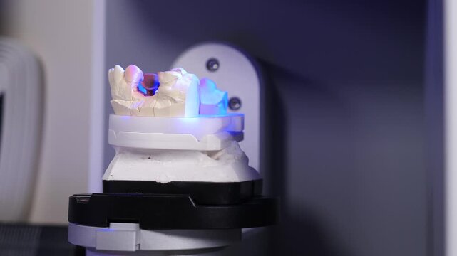 White plaster upper jaw dental model illuminated by blue structured light inside professional 3D scanner chamber. Digital scanning process for accurate prosthetic restoration and crown fabrication. 4k