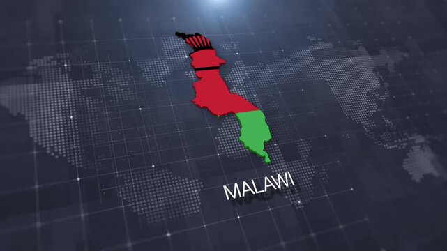 Malawi map with national flag on digital world map background, geographic border, global political and international news concept