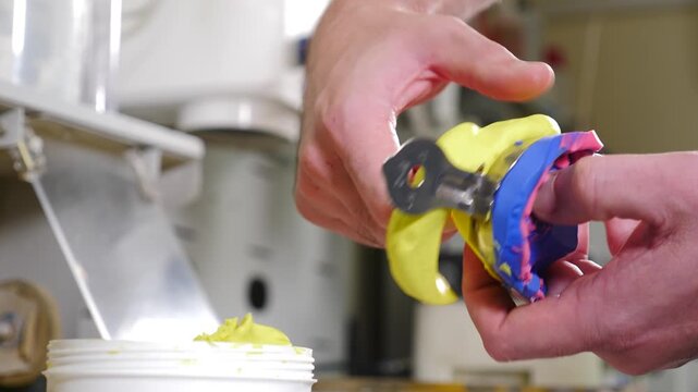 Dental technician hands removing excess material from yellow and blue jaw impression mold with metallic tool. Close-up view of layered silicone form showing professional dental lab crafting process