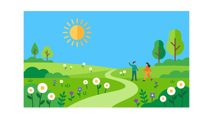 Fototapeta premium People walk along a winding path through a sunny spring meadow filled with blooming flowers.