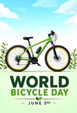 Colorful mountain bike with green wheels and nature background celebrating world bicycle day event
