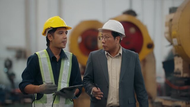 Two men walk through a factory floor. One wears a suit, the other a safety vest. They gesture toward machines and discuss operations