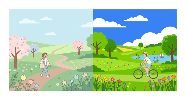 People enjoy outdoor activities in a split-screen illustration featuring a floral meadow and a sunny park landscape.