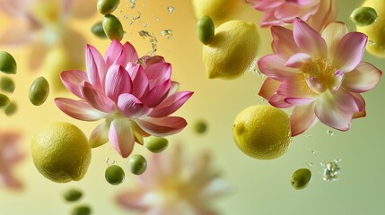 Fototapeta premium Flowers and lemons float together in colorful setting, showing beauty and nature