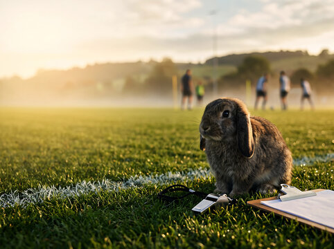 Small rabbit on soccer field during sunset, coach whistle and clipboard nearby.