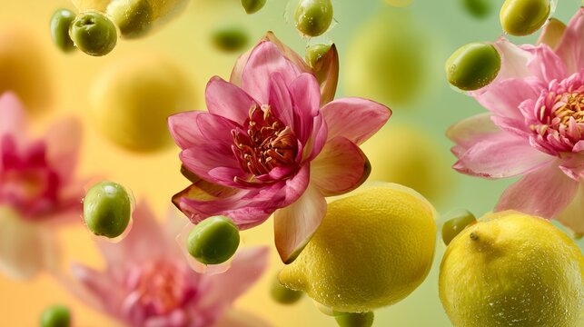 Colorful scene with lemons, water lilies, and green spheres floating in the air