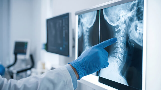 Medical professional wearing blue gloves examines orthopedic xray of cervical spine in radiology room with digital monitors and medical equipment in background