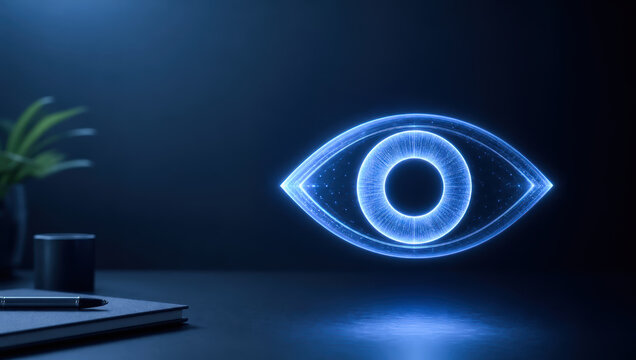 Precision esg supply chain tracking concept with glowing digital eye symbol on dark office desk background for futuristic monitoring