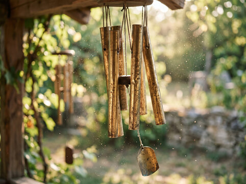 Bamboo wind chimes hanging on porch against soft blurred green garden background