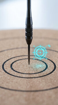 Dart key performance indicator concept with dart hitting bullseye target symbolizing precision and success in business strategy