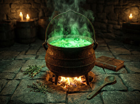 Cauldron with luminous green liquid bubbling over fire in a dark room concept of halloween  