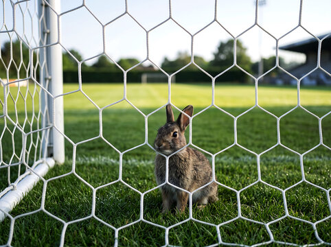 Little bunny rabbit peeking through soccer goal net on grassy field at sunset.