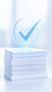Precision esg supply chain tracking concept with digital checkmark above stack of paper documents in bright office background