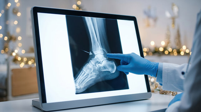 Orthopedic xray radiology ankle bone medical diagnosis doctor hand glove pointing injury healthcare technology digital screen closeup