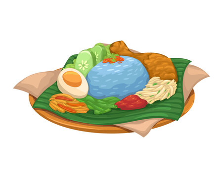 Traditional Nasi Kerabu Malaysian Blue Rice with Fried Chicken Vector Illustration