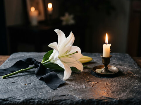 White lily flower and candle on stone slab in church interior