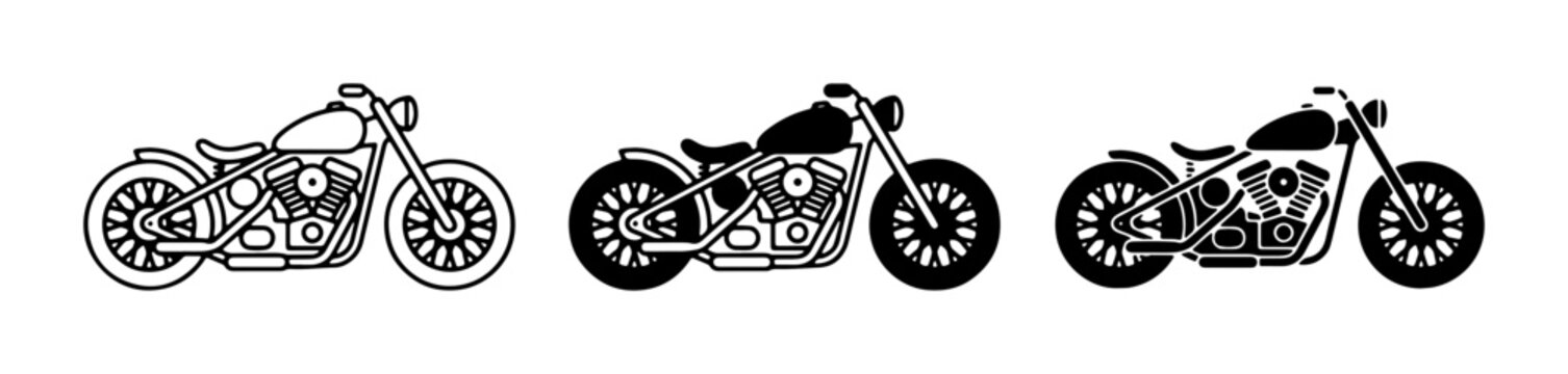 Motorcycle Icons Collection: Classic Chopper, Bobber, and Cruiser Styles, Black and White Vector Graphics for Transport and Lifestyle Designs