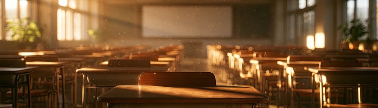 Empty classroom bathed in warm sunlight, dust motes dance in the beams