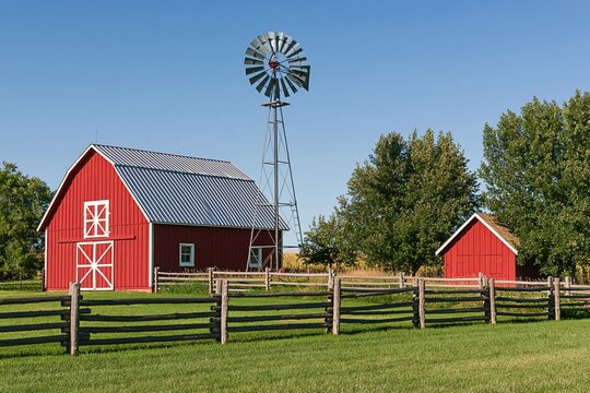 Barn and windmill in a rural farm landscape with red wooden fence and countryside