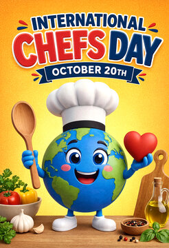 Cute cartoon globe character as a chef celebrating international chefs day with ingredients and kitchen tools