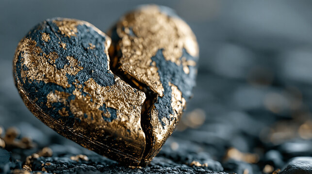Breaking pattern in the center of golden stone heart is on the street , sad love and valentine mood.