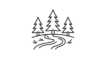 Obraz premium Minimalist Pine Trees on Riverbank Line Icon Vector Illustration Forest Landscape Outline Symbol