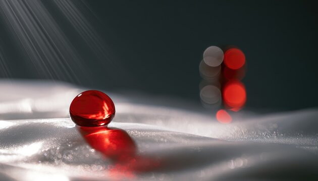Single red sphere on shimmering white fabric, blurred bokeh lights behind