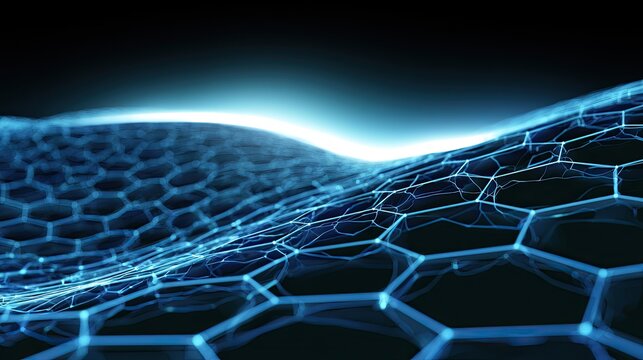 Abstract Blue Hexagonal Network Grid with Glowing Light Effect.