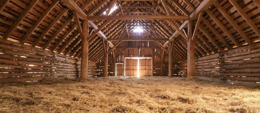 Barn interior with rustic wooden loft and hay on the floor of an old farm building