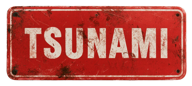 Tsunami word text sign in red grunge style. Natural disaster evacuation warning. Generative AI technology.	
